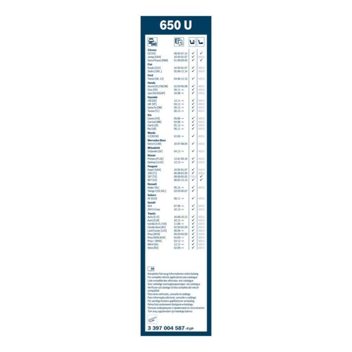 Ön Twin Silecek Süpürgesi 650mm Tekli Opel Ford Fiat Citroen Peugeot Renault Modelleri İçin - BOSCH 3397004587