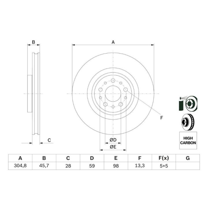 Ön Hava Kanallı Fren Diski 305mm Doblo 1.3 1.6 MTJ Combo Kutu 1.3 1.4 1.6 2.0 CDTI İçin (2010-) - Bosch 0986479736