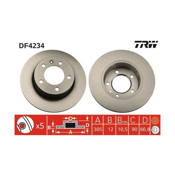 Takım Fren Diski Arka 305mm 5 Bijon Movano Master 2.5, 2.8dti (09/00-+) 16 Jant - TRW DF4234