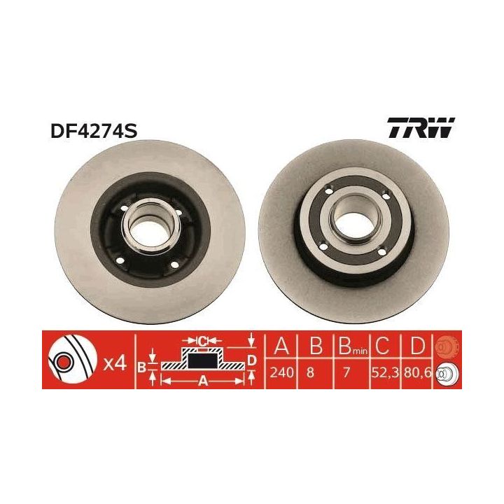 TRW Takım - Fren Diski Arka Düz 240mm Rulmansız Renault Clio III 05-+ Megane II 02-+ Twingo II