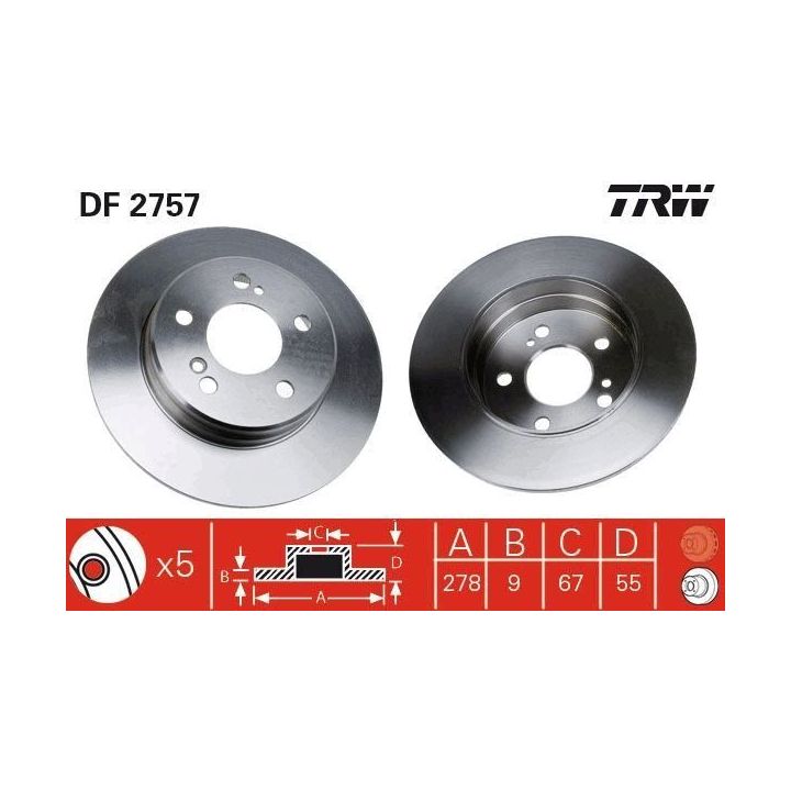 TRW Takım - Fren Diski Arka Düz 278mm Mb W124 W202 W208 C-serisi 93-08 Clc-serisi 08-11 Clk 97-10 E-serisi 93-03 Kombi vb. 96-11