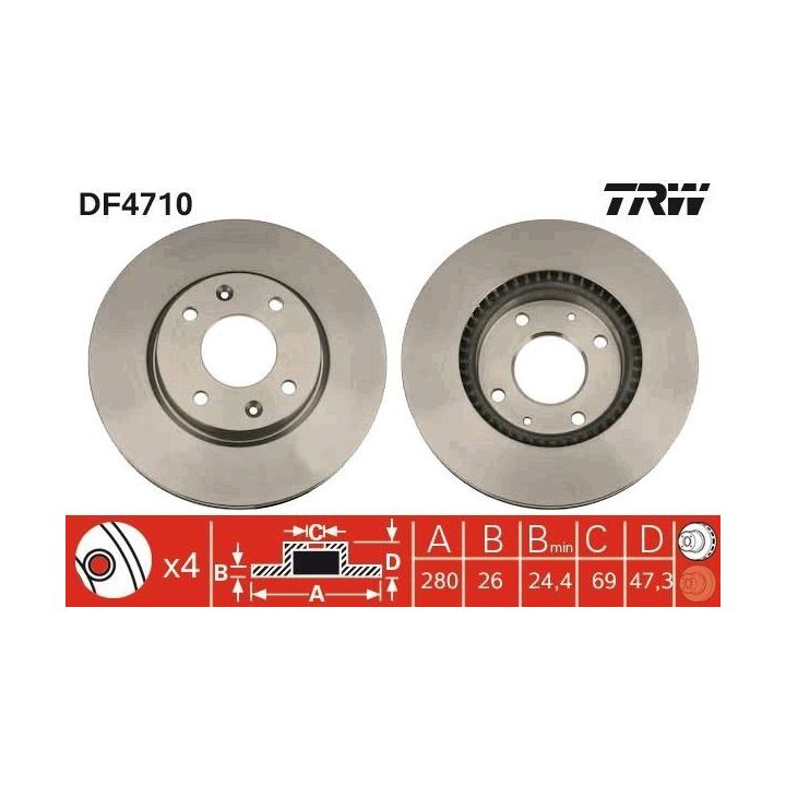 TRW DF4710 Takım - Ön Fren Diski Hyundai Elantra 1.6, 2.0, 2000-2006 Sonata 2.0 2001-2004 Meganetis 2.0 2001+ Havalı 280mm